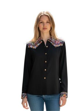 SK & Company Vintage Black Button-Front Southwestern Boho Blouse Size 10